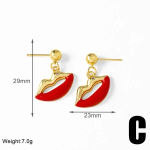 Detailed view of red enamel lip earrings with gold plating and dimensions 29mm by 23mm