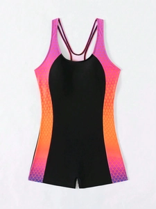 Women's racerback boyleg one-piece swimsuit with black and orange-purple fish scale pattern