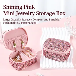 Mini Portable Jewelry Box Sequin PU Leather Travel Jewelry Organizer For Rings Earrings Necklaces Zipper Storage Case Pink