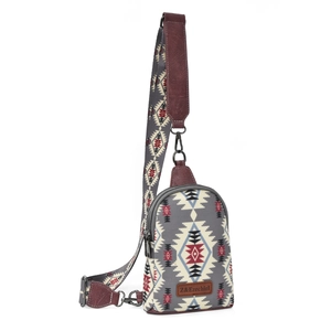 Close-up of bohemian geometric canvas bag with ethnic patterns and PU leather strap details