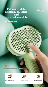 Macro view of flexible stainless steel pins with protective tips on a green slicker brush