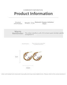 Macro detail of gold C-shape hoop earrings with white petal pearls and 3cm size spec