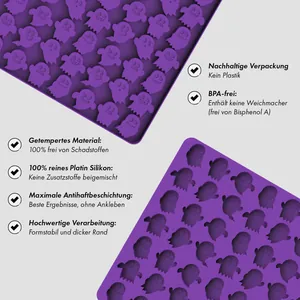 Detailed view of Halloween ghost silicone candy mold highlighting BPA-free material features.