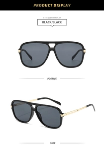 Detail view of black and gold aviator sunglasses showing front and side profile