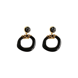 Vintage geometric resin hoop earrings with black round drop and gold metal accents