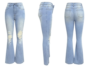 Vues détaillées de face, de côté et de dos du jean évasé taille haute bleu clair délavé