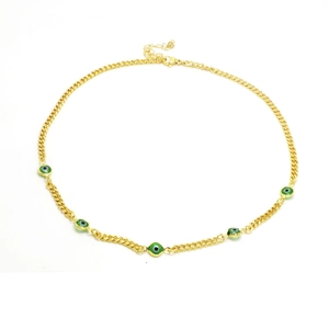 Detail of gold chain necklace featuring five green evil eye charms and lobster clasp