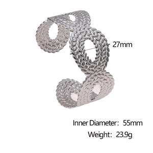 Detail view of silver braided open cuff bracelet with 27mm width and 55mm inner diameter