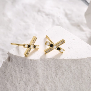 Minimalist 18K gold plated cross stud earrings with black and white enamel and zircon stones