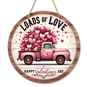 Valentine's Day wooden round welcome sign with vintage pink truck and heart decorations