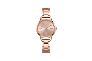 Detail of rose gold quartz watch with minimalist dial and metal link bracelet band