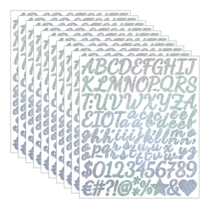 Macro detail of 1-inch iridescent glitter alphabet and number stickers for DIY crafts