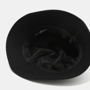 Black cotton bucket hat with interior adjustable strap and reinforced stitching detail