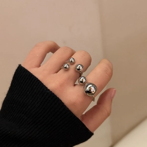 Minimalist stainless steel open rings with polished metal spheres for women layered set