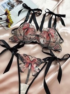 Detailed butterfly embroidery and black satin bow ties on sheer mesh lingerie set