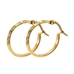 Close-up of golden stainless steel hoop earrings with Greek key pattern and hinge clasp