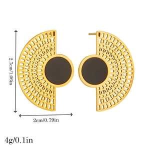 Fashion gold hollow fan-shaped stainless steel earrings with black circular center inlay