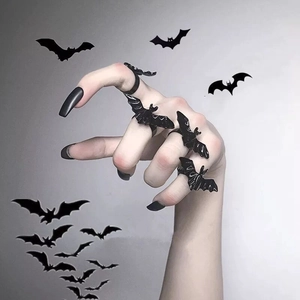 Black Bat Open Ring Adjustable Alloy Gothic Punk Style Finger Jewelry For Halloween Costume Party Novelty Men Women