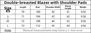 Size guide table for double-breasted shoulder pad blazer with detailed measurements
