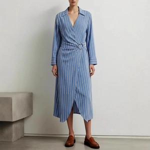 Blue and white vertical striped wrap shirt dress with V-neck and metal waist buckle