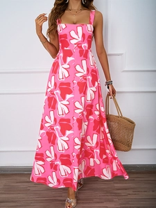 Floral print summer maxi dress featuring a square neck and A-line silhouette for beach vacation