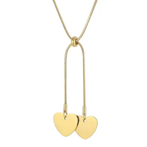 Double Heart Pendant Necklace Stainless Steel Adjustable Snake Bone Chain Y-Shaped Elegant Jewelry For Women