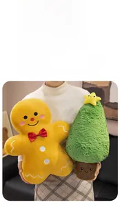 Close-up of plush gingerbread man and green Christmas tree pillows for holiday home decor