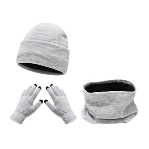 Light gray 3-piece winter knit set with beanie, touch-screen gloves, and fleece lined neck warmer