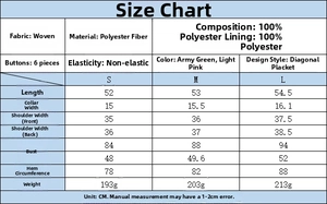 Size guide with measurements for the asymmetrical buttoned vest in polyester fabric