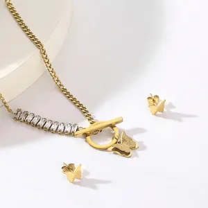 Butterfly Necklace And Earrings Jewelry Collection Gold Plated Stainless Steel Zircon Inlaid Fashion Accessory For Women