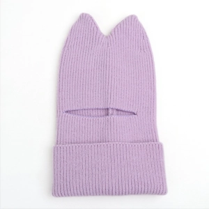 Detail of lavender cat ear knit balaclava showing ribbed texture and eye opening