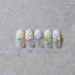 Detail of 3D macaron jelly gel art and checkered pattern on 5pcs matte press-on nails