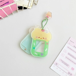 Cute yellow chick acrylic photocard holder frame with green bead chain and ice cream pendant