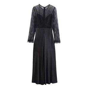 Elegant long sleeve black lace patchwork midi dress with a smooth satin skirt finish