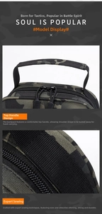 Detail of reinforced handles and durable double zippers on camouflage tactical bag