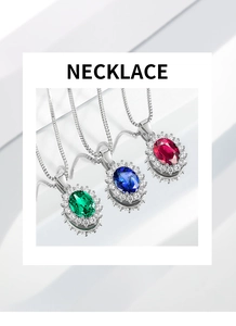Detailed close-up of blue, green, and red sapphire halo pendants on silver chains