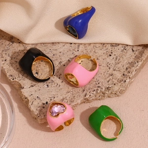 Colorful faceted enamel rings with 18K gold plating and a pink heart gemstone detail