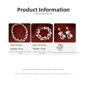 Detailed view of jewelry set featuring faux pearls and crystals on a gold plated base