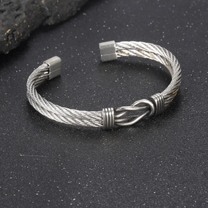 Men's titanium steel twisted cable cuff bracelet with a central knot detail