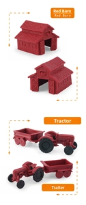 Detailed views of red miniature farm barn and tractor models with realistic textures