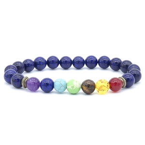 Macro detail of elastic energy bracelet with navy blue tiger eye and seven chakra beads