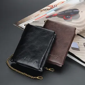Vintage men's vertical wallets in black and brown leather with anti-theft chain
