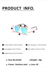 Detailed size chart for retro pilot sunglasses with stainless steel frame and dimensions