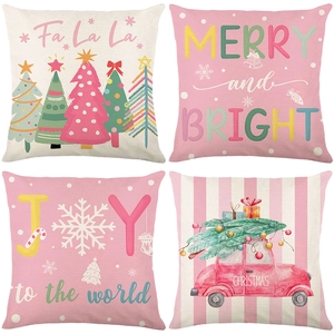 Christmas Pillowcase Polyester Cushion Cover For Sofa Living Room Decorative Holiday Festive Pastel Pink Pattern Printed