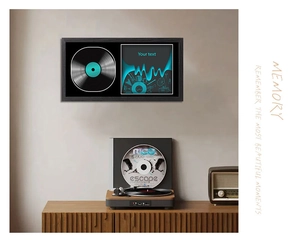 Detail of wall-mounted black vinyl record and CD display frame with custom text panel