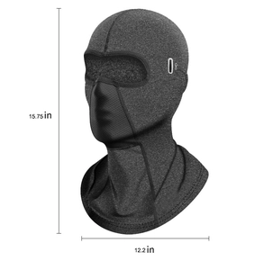 Detailed view of grey thermal balaclava showing 15.75 by 12.2 inch dimensions