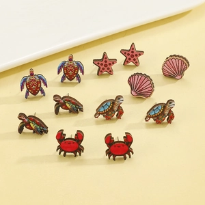 Summer ocean wooden earring set featuring cartoon crab, sea turtle, shell and starfish shapes