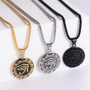 Hip hop vintage Eye of Horus necklaces in gold, silver, and black stainless steel