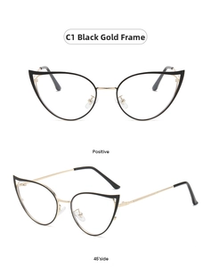 Detail view showing cat-eye black and gold metal frames with sleek gold temples