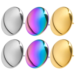 Detailed view of polished 304 stainless steel stud earrings in silver, gold, and rainbow finish